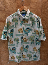 Vintage 90s beige blue swordfish floral pattern cotton Hawaiian shirt size XL